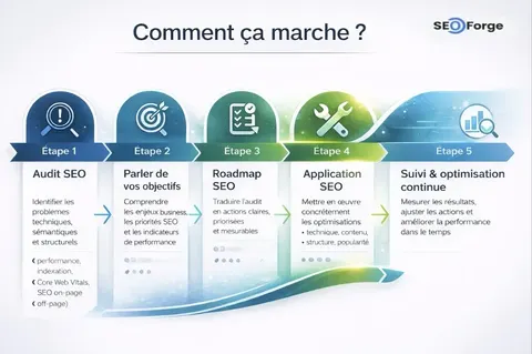 Five-step diagram of the SEOForge method: SEO audit, goals, roadmap, implementation, ongoing follow-up