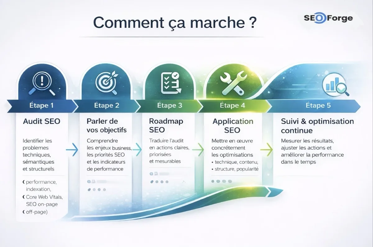 Schéma en cinq étapes de la méthode SEOForge : audit SEO, objectifs, roadmap, application, suivi et optimisation