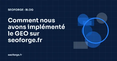 Couverture bleu nuit SEOForge : titre de l'article sur une grille technique et un motif géométrique aux couleurs de la marque