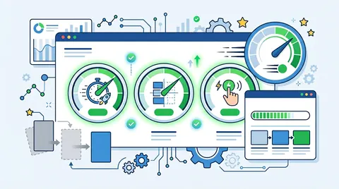 Illustration of three performance gauges in the green on a web page, surrounded by gears and a progress bar