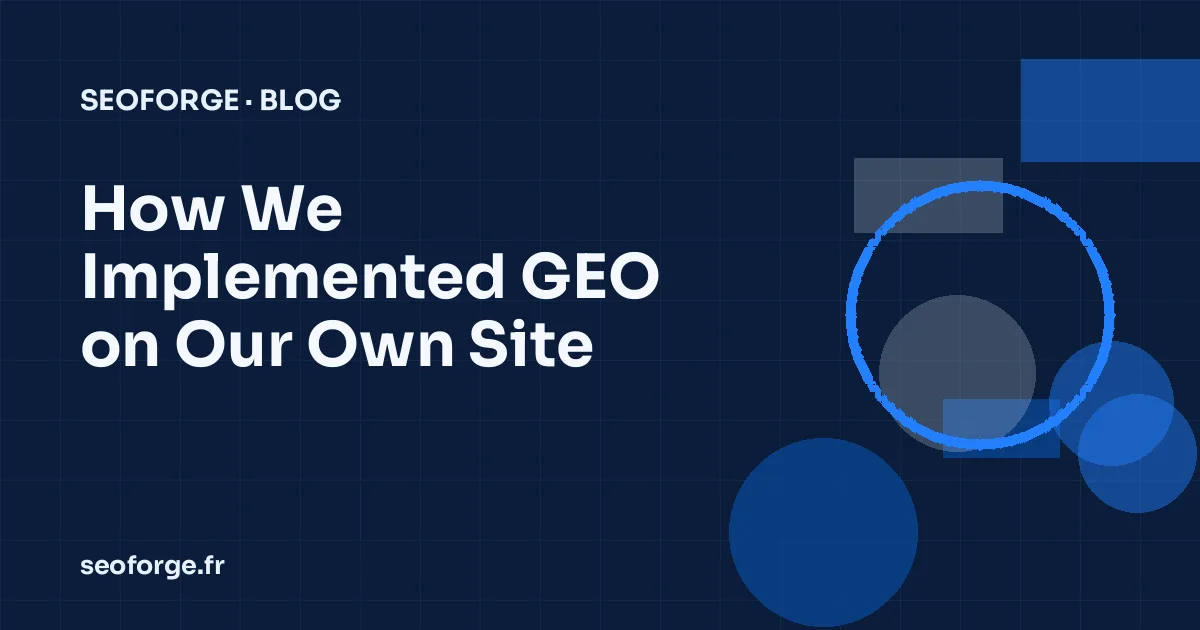 SEOForge navy cover: article title over a technical grid and a geometric motif in the brand colours