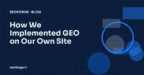 SEOForge navy cover: article title over a technical grid and a geometric motif in the brand colours