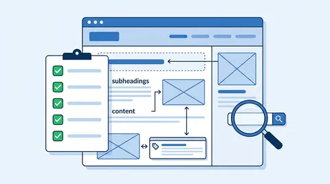 Illustration d'une checklist entièrement cochée à côté d'une maquette de page web annotée : sous-titres, contenu, images et loupe