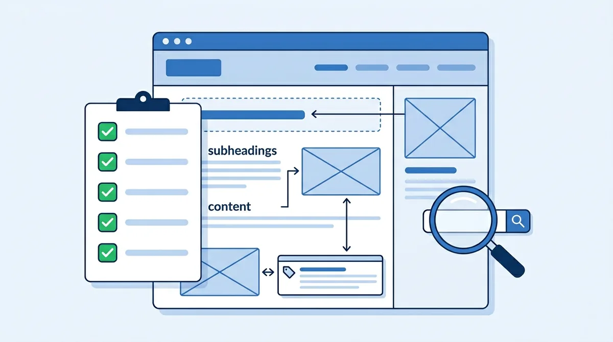 Illustration of a fully ticked checklist next to an annotated web page mock-up: subheadings, content, images and a magnifying glass