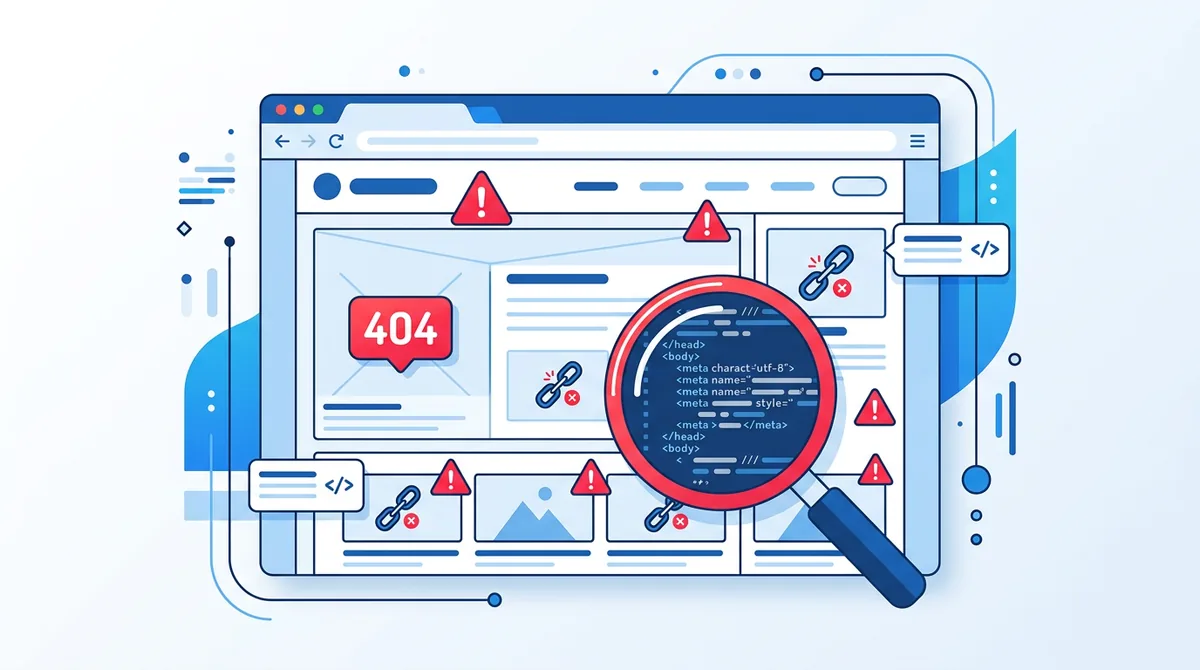 Illustration d'une page web examinée à la loupe, avec des erreurs 404, des liens cassés et des balises HTML signalées en rouge