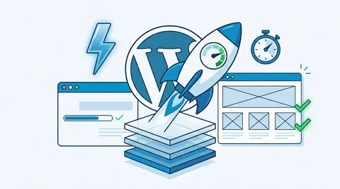 Illustration of a rocket taking off in front of the WordPress logo, with a lightning bolt, a stopwatch and two page mock-ups