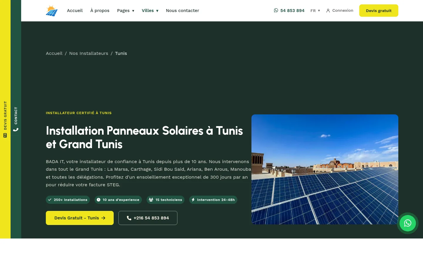 City page "Installation Panneaux Solaires à Tunis et Grand Tunis": breadcrumb, local arguments, quote and call buttons.