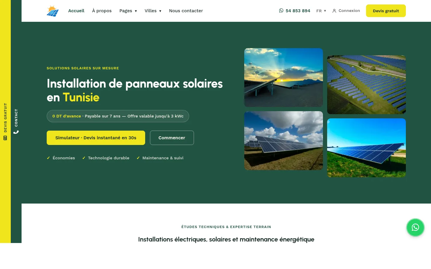 Homepage of panneau-solaire.tn: "Installation de panneaux solaires en Tunisie" headline, button to the quote simulator, French / Arabic switcher, photos of installations.